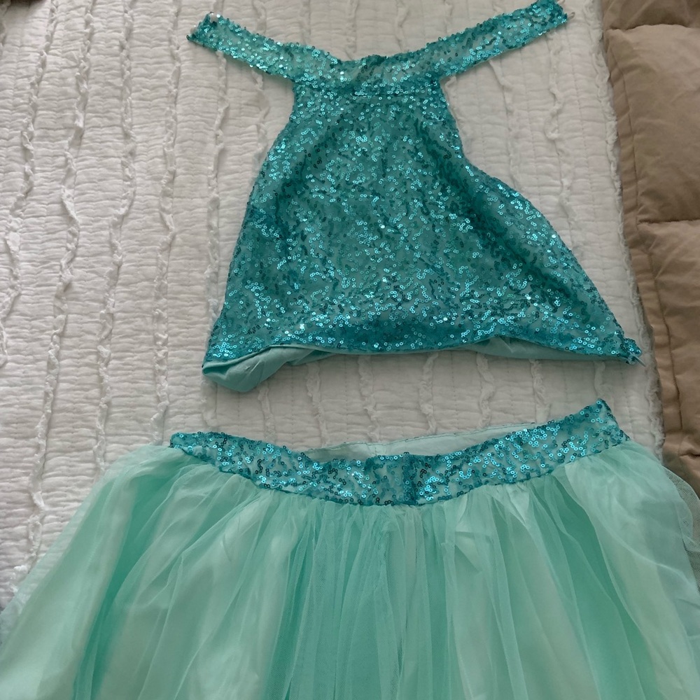 Teal sequined top with sequined banded tulle skirt